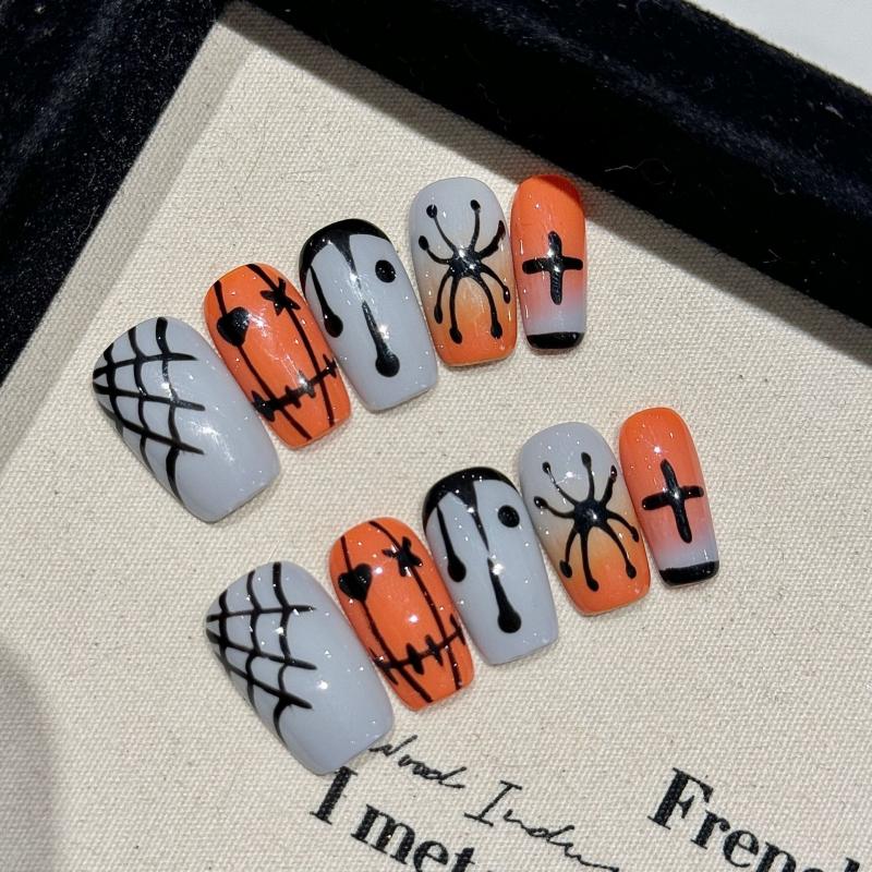 Professional quality Halloween press-on nails with spooky spider theme, coffin medium design, complete with application kit and guide