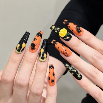Professional quality Halloween press-on nails with witch pumpkin theme, coffin long design, complete with application kit and guide