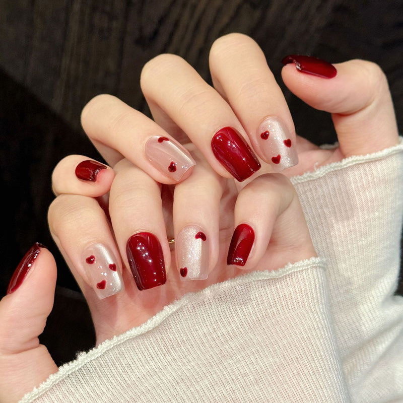 Romantic coffin nails with 3D red hearts, jelly base, gradient ombre & crystals - perfect for red heart jelly gradient romantic sweet charm style