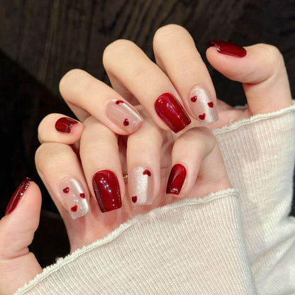 Romantic coffin nails with 3D red hearts, jelly base, gradient ombre & crystals - perfect for red heart jelly gradient romantic sweet charm style
