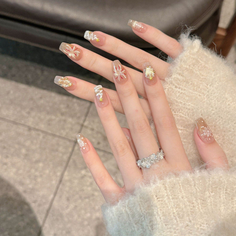 Romantic coffin short press-on nails with gold flowers, crystals & pink glitter - perfect for garden parties, spring weddings & elegant celebrations