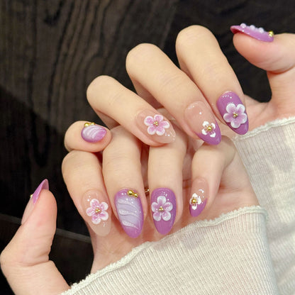 Romantic gradient almond false nails featuring seamless color fade, sculptural blooms & pearl accents - elegant 10-piece ombré set