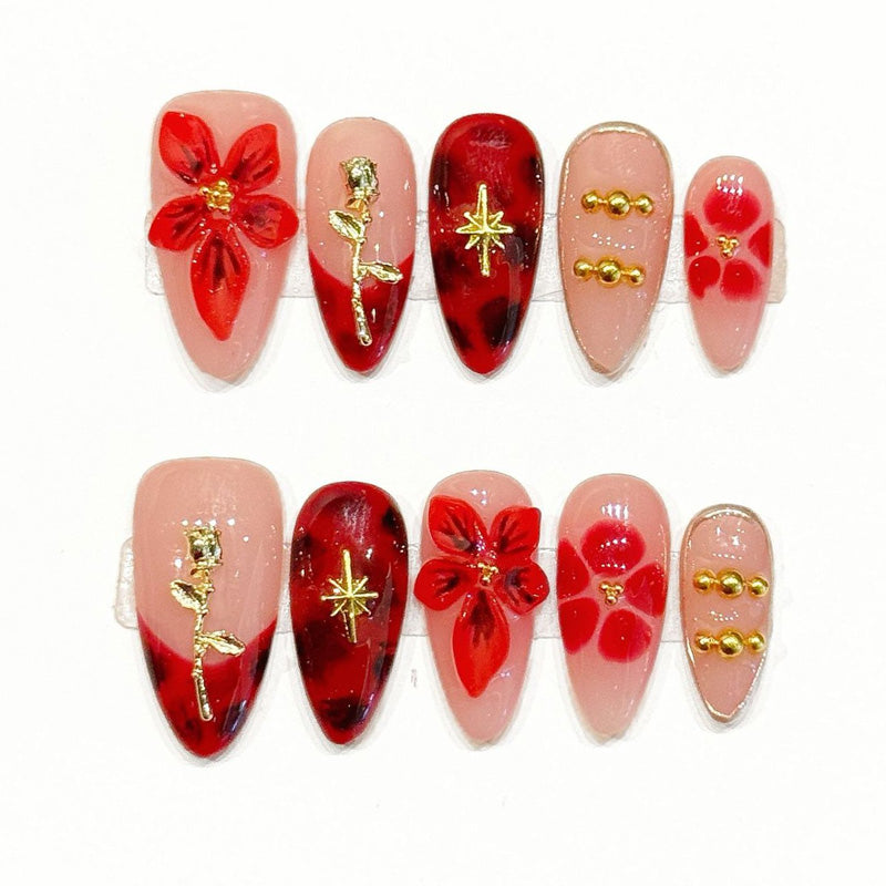 Romantic handmade almond nails with burgundy red, nude & 3D red flowers - Valentine's luxury, reusable - Applies in just 15 minutes