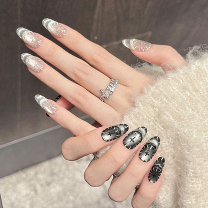 Sacred oval press-on nails featuring starburst silver shimmer & cross symbols - Faith-inspired beauty at home - Available in 2 colors