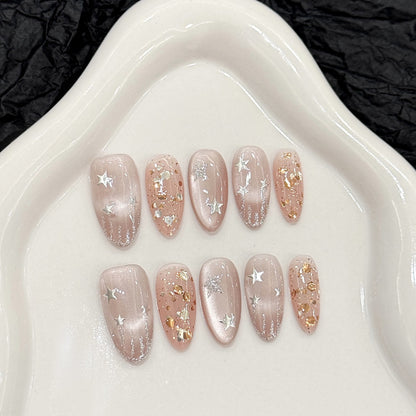 Salon-quality almond press-on nails with cosmic star theme - perfect blend of elegance & celestial sophistication" Key 