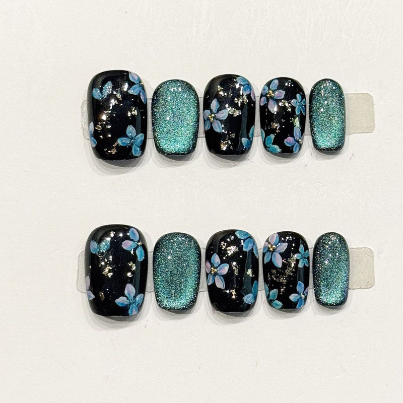 Salon-quality handmade squoval nails with teal florals & glitter - Reusable, damage-free, applies in 15 minutes - 10 pcs