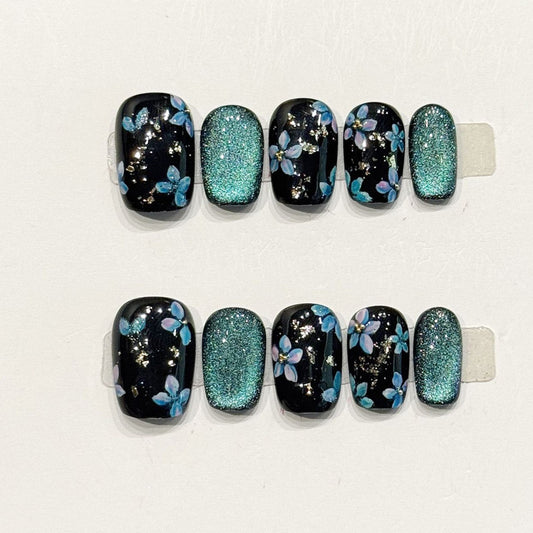 Salon-quality handmade squoval nails with teal florals & glitter - Reusable, damage-free, applies in 15 minutes - 10 pcs