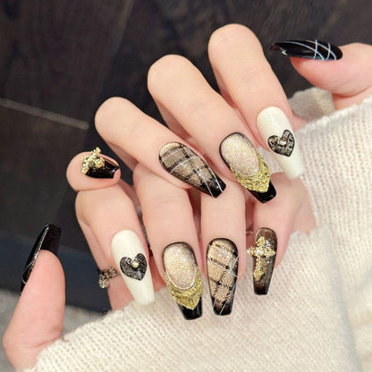 Sophisticated coffin false nails featuring metallic gradient, embossed geometric designs & crystal accents - elegant 10-piece set