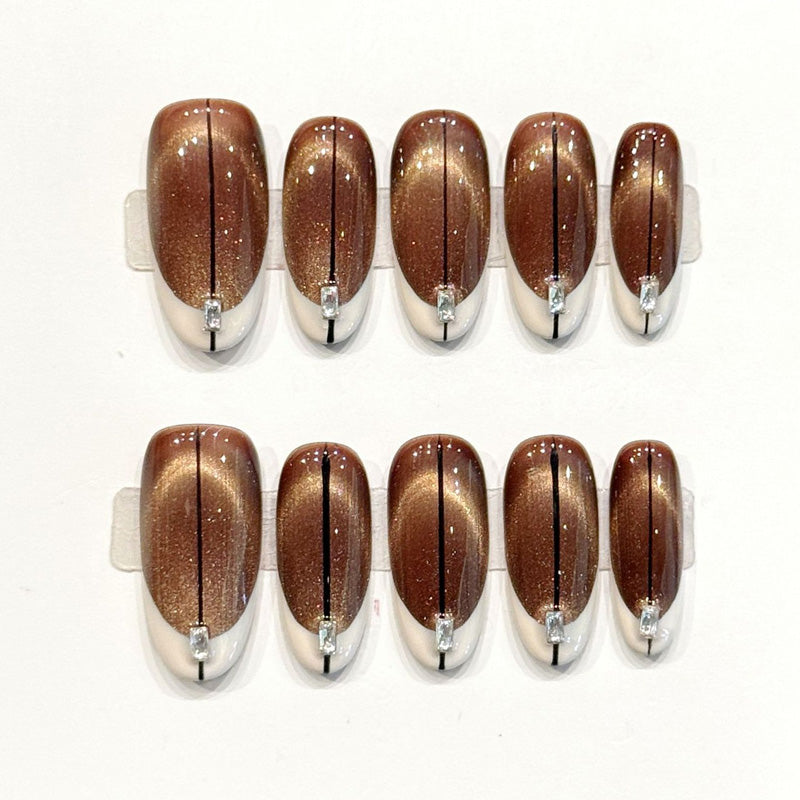 Sophisticated handmade oval nails with chocolate-bronze gradient, shimmer & rhinestone stripes - Earthy elegance - Applies in 15 minutes