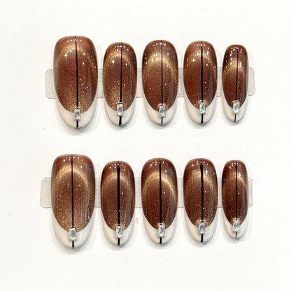 Sophisticated handmade oval nails with chocolate-bronze gradient, shimmer & rhinestone stripes - Earthy elegance - Applies in 15 minutes