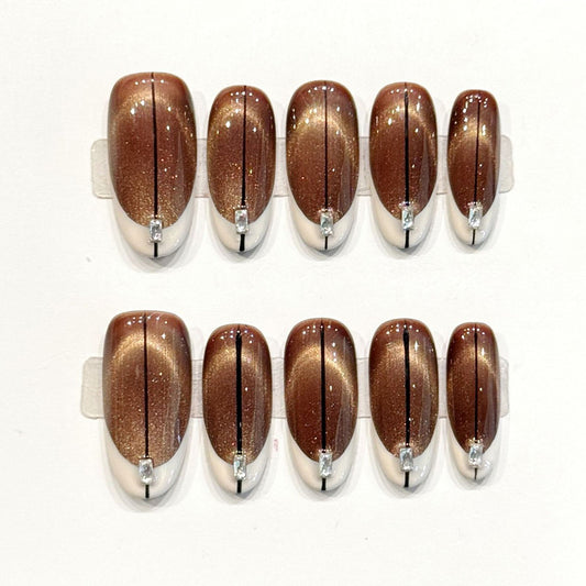 Sophisticated handmade oval nails with chocolate-bronze gradient, shimmer & rhinestone stripes - Earthy elegance - Applies in 15 minutes