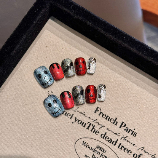 Sparkling Halloween glitter skull squoval short press-on nails in red, silver, blue - perfect for glamorous spooky style