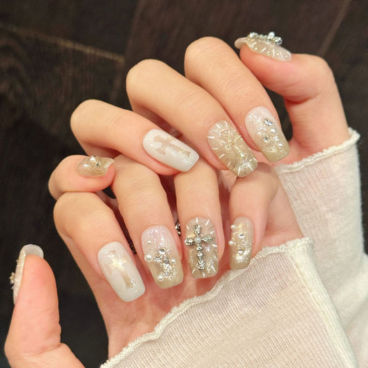 Spiritual coffin nails with silver cross, angel wings, glitter & jelly base - perfect for silver cross angel glitter jelly spiritual elegant charm