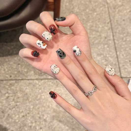 Spooky Halloween press-on nails with gothic skull designs, coffin short shape, 10 pieces, easy home application