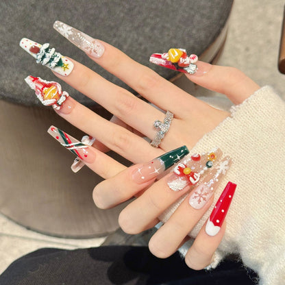 Stunning coffin long press-on nails with 3D Santa, Christmas tree, golden ornaments & candy cane - perfect for magical Christmas delight & festive joy