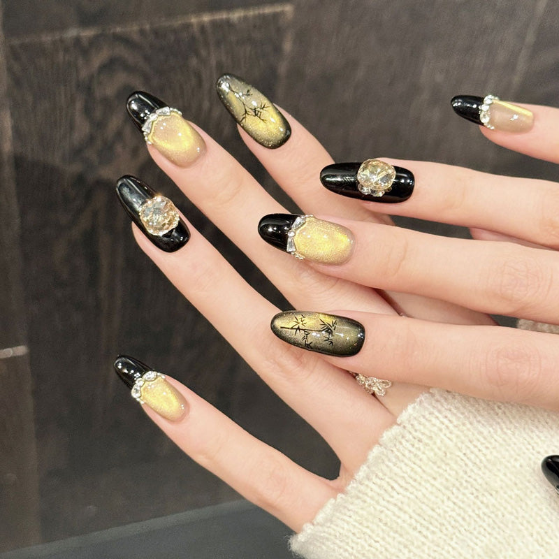 Stunning coffin press-on nails featuring gold glitter ombre, moon charm & rhinestones - Salon luxury at home - Complete set of 10