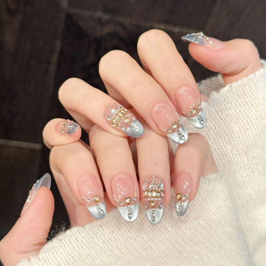 Stunning coffin press-on nails featuring jeweled crown, rhinestone dangles & glitter - Salon elegance at home - Set of 10 nails