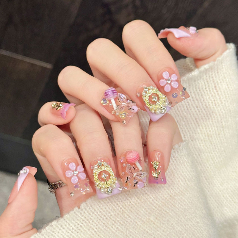 Stunning duck press-on nails featuring baroque mirror charm, florals & gradient - Salon luxury at home - Complete set of 10 nails