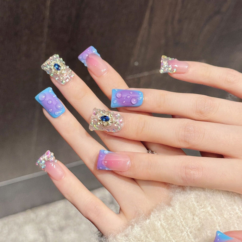 Stunning duck press-on nails featuring jeweled gemstones, rhinestone patterns & gradient - Salon elegance at home - Set of 10 nails