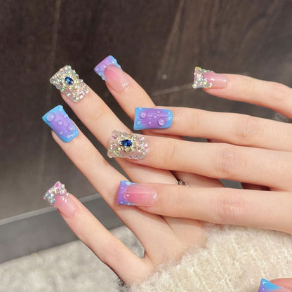 Stunning duck press-on nails featuring jeweled gemstones, rhinestone patterns & gradient - Salon elegance at home - Set of 10 nails