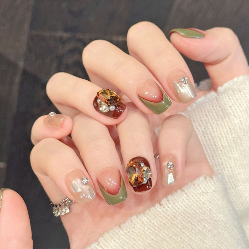 Stunning squoval press-on nails featuring tortoiseshell, gold foil & iridescent gems - Salon artistry at home - Set of 10 nails