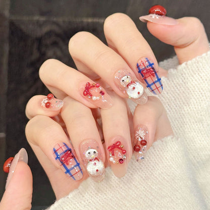 Sweet Christmas press-on nails with sculpted cherries, charming snowman & vintage plaid - kawaii holiday nail collection