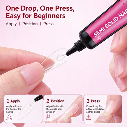 Three-step beginner tutorial for semi-solid press-on nail glue: apply a drop to nail tip, position at cuticle, and press firmly