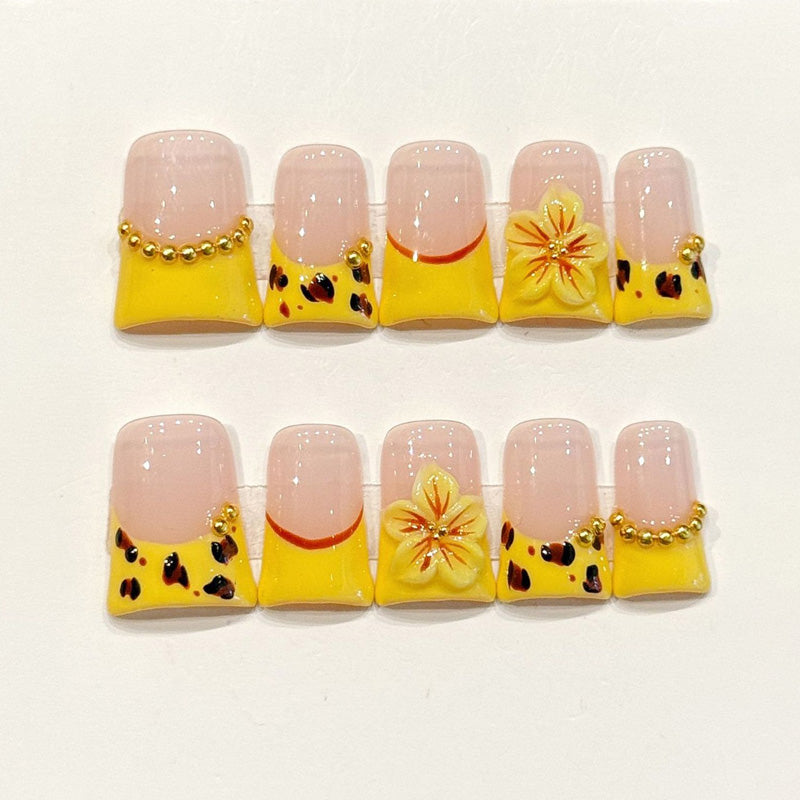 Vibrant handmade duck nails with bright yellow, 3D gold sunflower & leopard print - Summer sunshine energy - Applies in just 15 minutes
