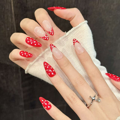 Vintage-inspired polka dot design on glossy red almond press-ons with nude balance - reusable 10-piece professional quality set