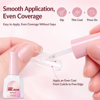 Applying an even coat of Kapownails brush-on nail glue to a press-on nail from cuticle to free edge