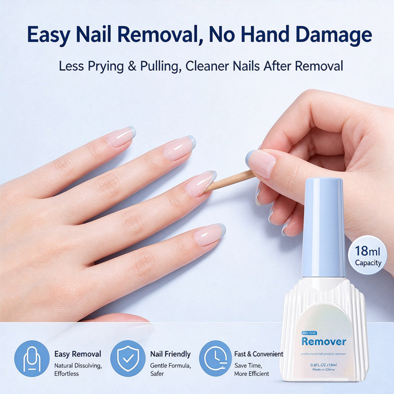 Removing press-on nails with the Kapownails 18 ml glue remover and a cuticle stick without damaging the natural nail