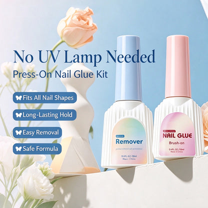 Kapownails press-on nail glue kit with 18 ml brush-on nail glue and remover bottles, no UV lamp needed