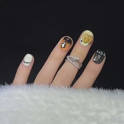 Professional quality Halloween press-on nails with ghost theme, oval short design, complete with application kit and guide