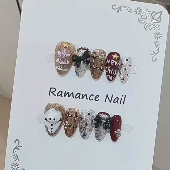 Premium almond press-on nails for holiday sparkle - 3D snowman, festive glitter, burgundy accents, perfect for Christmas celebrations