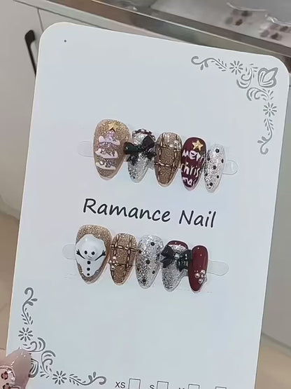 Premium almond press-on nails for holiday sparkle - 3D snowman, festive glitter, burgundy accents, perfect for Christmas celebrations