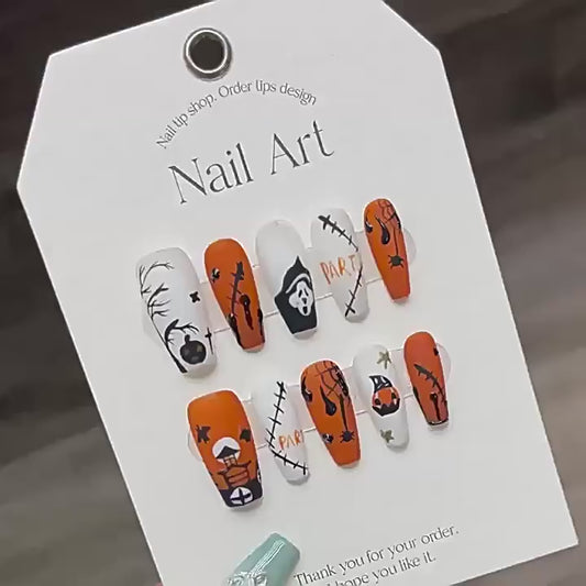 Halloween Scream Pumpkin Coffin Long Press On Nails