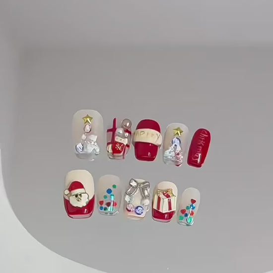 "Premium coffin short press-on nails for Christmas cheer - playful Santa, wrapped gifts, sparkling ornaments, perfect for spreading holiday joy"