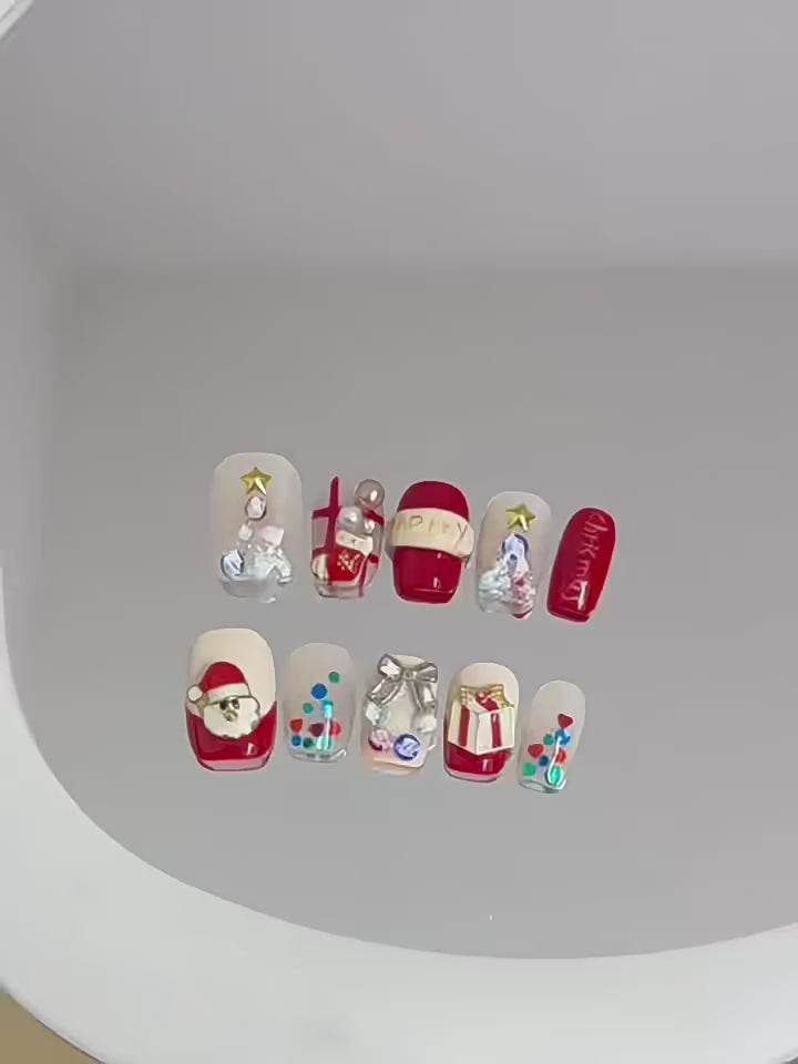 "Premium coffin short press-on nails for Christmas cheer - playful Santa, wrapped gifts, sparkling ornaments, perfect for spreading holiday joy"