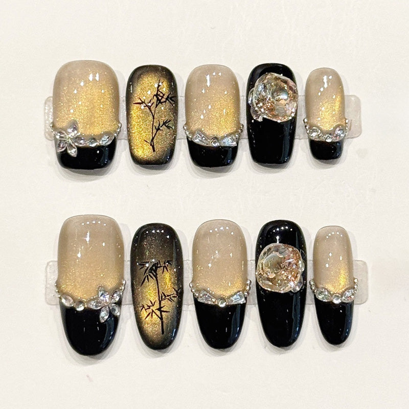 uxurious handmade coffin nails with black & gold gradient, 3D moon charm & tree art - Celestial elegance - Applies in 15 minutes